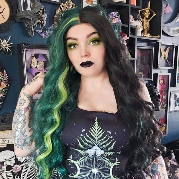 Split color green and black long wavy lace front wig - Picture 1 of 7